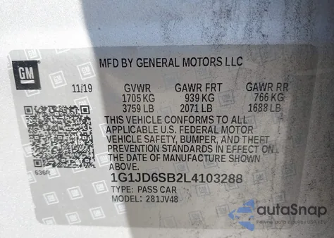 2020 Chevrolet Sonic Fwd Lt 5-Door from USA, damaged, VIN 1G1JD6SB2L4103288